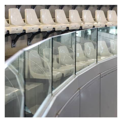 SABCO Frameless glass balustrade, floor mounting - railing function - stadium, Heavy Duty Applications - technical evaluation - From 5.1 to 10 KN
